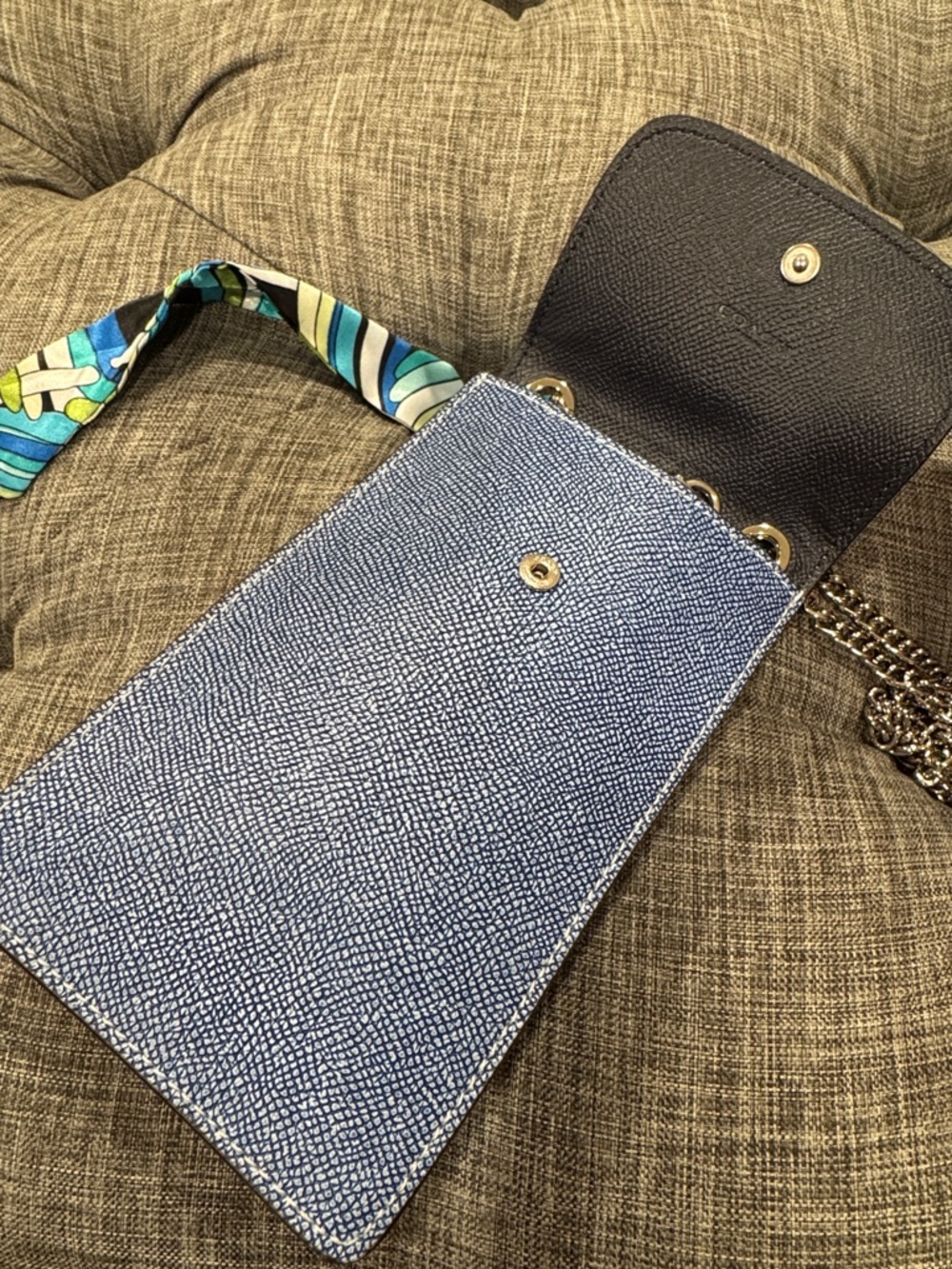 Coach North South Light Denim Blue Leather Crossbody Phone Pouch with Chain - Picture 12 of 17